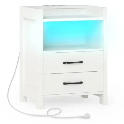 Masa de pat cu lumini LED & compartiment de stocare stație de încărcare Alb 45 x 35 x 60 cm