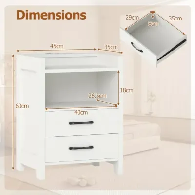 Masa de pat cu lumini LED & compartiment de stocare stație de încărcare Alb 45 x 35 x 60 cm
