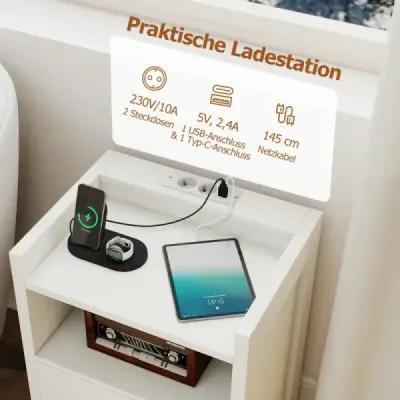 Masa de pat cu lumini LED & compartiment de stocare stație de încărcare Alb 45 x 35 x 60 cm