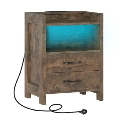 Masa de noapte cu lumini LED & compartiment de stocare stație de încărcare Masa laterală Rustic Brown 45 x 35 x 60 cm