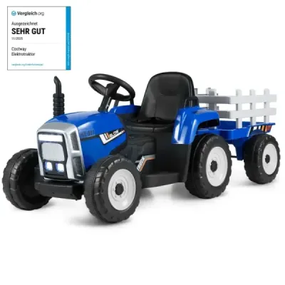 12V Tractor cu 3 viteze cu remorcă detașabilă & 2.4G de telecomandă pentru copii cu scaun albastru