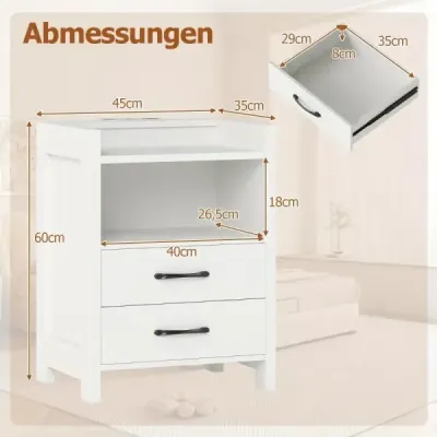 Masa de pat cu lumini LED & compartiment de stocare stație de încărcare Alb 45 x 35 x 60 cm