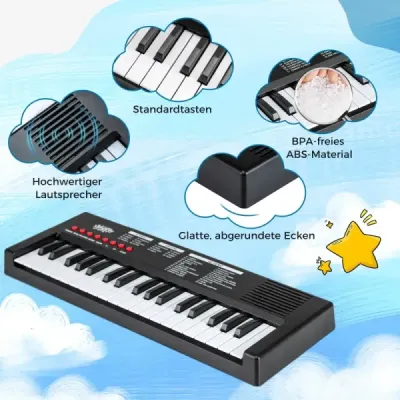 Kids Piano Keyboard 37 Keys Portable E-Pian cu 8 Rhythms 8 Tone Culori & 22 Demos Black