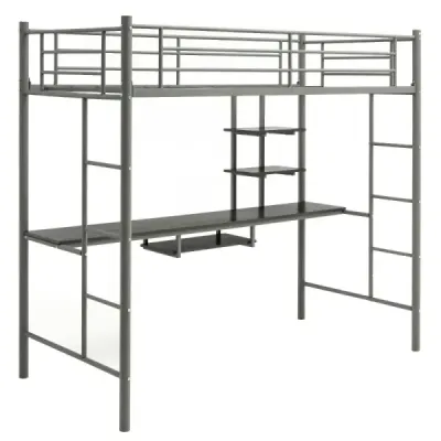 Bed metal înalt cu scară de birou și balustradă argint