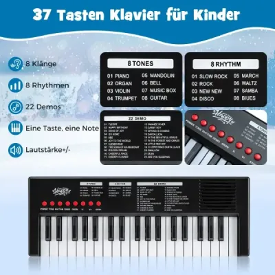 Kids Piano Keyboard 37 Keys Portable E-Pian cu 8 Rhythms 8 Tone Culori & 22 Demos Black