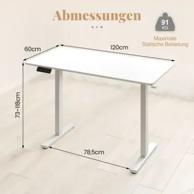 120 x 60 cm înălțime birou reglabil cu cârlig electric birou în picioare alb