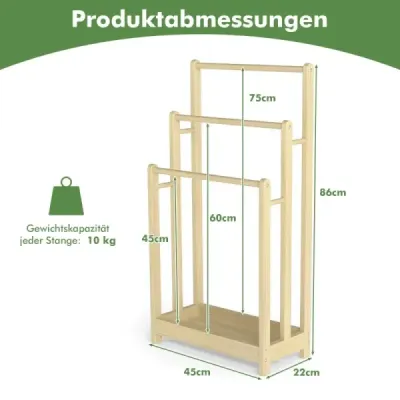 Suport prosop freestanting din lemn cu 3 bare de prosop si protectie pentru raftul de jos