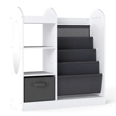Copii Bookcase cu corp complet oglindă jucărie organizator cu 4-lay Sling alb