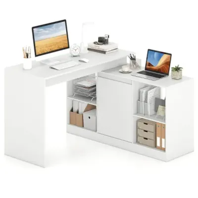 Tabel calculator in forma de L 120 cm tabel de scris colt disponibil cu 2 cai dulap si 4 compartimente de depozitare Alb