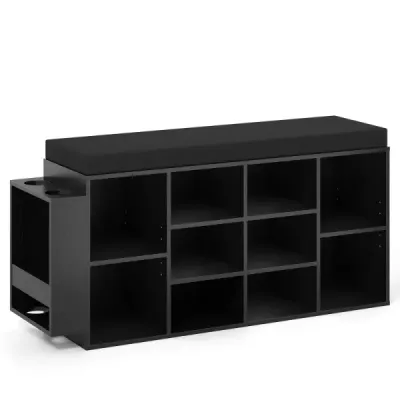 Banc de pantofi cu suport umbrela cu scaun căptușit și rafturi detașabile Negru