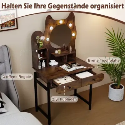 Tabel decorat în formă de pisică cu oglindă & iluminat & sertare