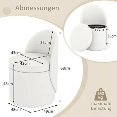 38 L Scaun de machiaj cu spătar & 9cm scaun de scaun acoperit cu burete Otomane