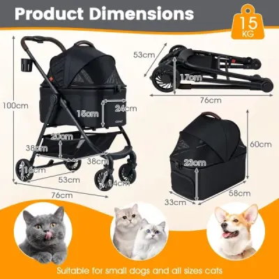 3 în 1 buggy pentru animale de companie cu portbagaj detașabil & reglabil acoperiș câine buggy negru