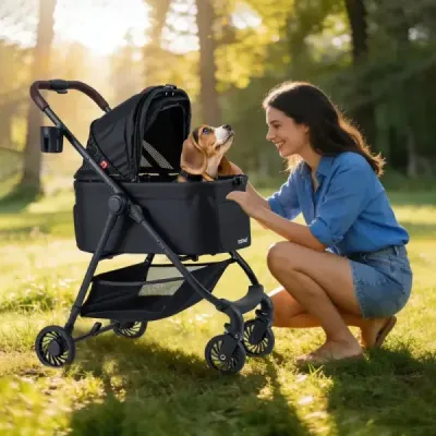 3 în 1 buggy pentru animale de companie cu portbagaj detașabil & reglabil acoperiș câine buggy negru