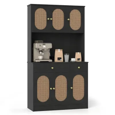 Dulap din bucatarie din lemn cu usi rattan & 2 prize si 2 porturi USB Cabinet Buffet Negru