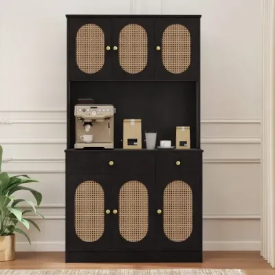 Dulap din bucatarie din lemn cu usi rattan & 2 prize si 2 porturi USB Cabinet Buffet Negru