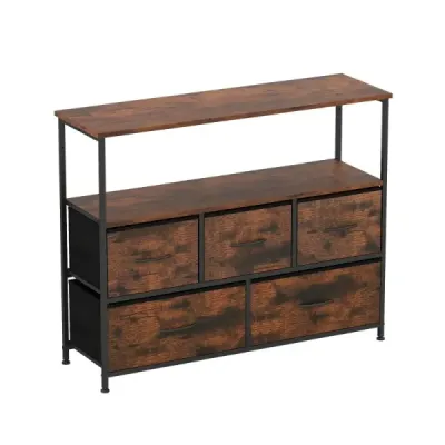 Dreser dulap larg cu 2 rafturi din lemn deschise 5 sertare si cadru metalic robust Rustic Brown