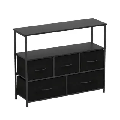 Dreser dulap larg cu 2 rafturi din lemn deschis 5 sertare si cadru metalic robust negru