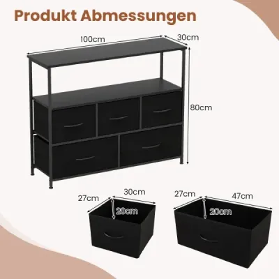 Dreser dulap larg cu 2 rafturi din lemn deschis 5 sertare si cadru metalic robust negru