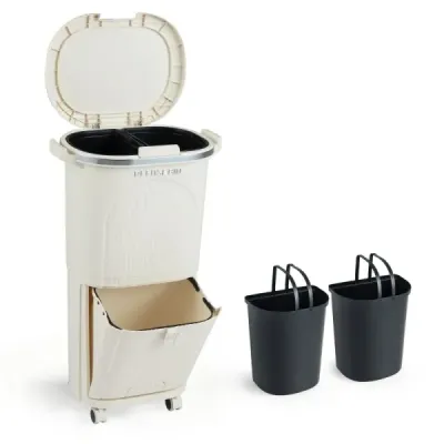 Mașini de bucătărie 38L cu capac & 2 containere detașabile & pedala de picior & roți Bej