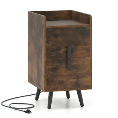 Masa de noapte cu stație de încărcare dulap de noapte îngust cu 2 sertare Masa laterala cu picioare metalice Rustic maro