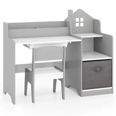 Set birou & scaun pentru copii Masa student cu rafturi deschise Sertar & container pânză gri