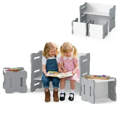3 TLG. masa si scaun pentru copii cu 2 scaune si masa de activitati colturi rotunde Design Grey