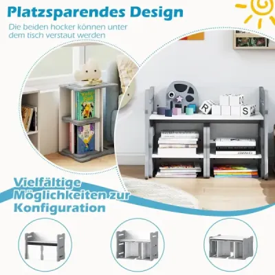 3 TLG. masa si scaun pentru copii cu 2 scaune si masa de activitati colturi rotunde Design Grey