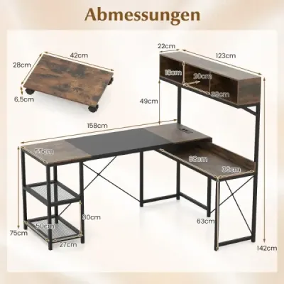 Birou calculator în formă de L cu prize și Mount CPU mobil birou Corner Brown