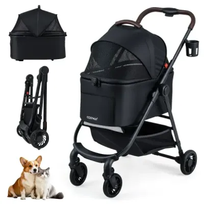 3 în 1 buggy pentru animale de companie cu portbagaj detașabil & reglabil acoperiș câine buggy negru