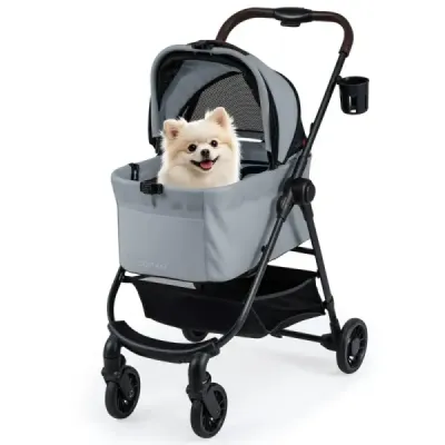 3 în 1 buggy pentru animale de companie cu transportor detașabil & reglabil acoperiș câine buggy gri