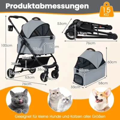 3 în 1 buggy pentru animale de companie cu transportor detașabil & reglabil acoperiș câine buggy gri