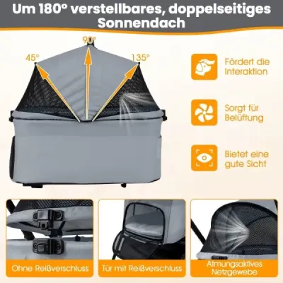 3 în 1 buggy pentru animale de companie cu transportor detașabil & reglabil acoperiș câine buggy gri