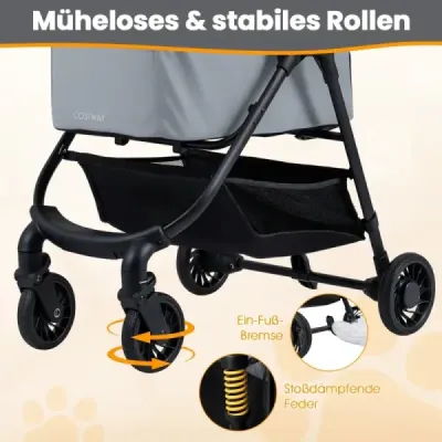 3 în 1 buggy pentru animale de companie cu transportor detașabil & reglabil acoperiș câine buggy gri