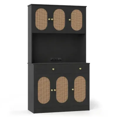 Dulap din bucatarie din lemn cu usi rattan & 2 prize si 2 porturi USB Cabinet Buffet Negru