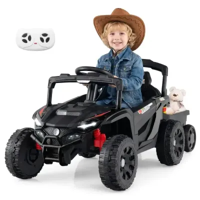 Tractor pentru copii 12V cu Remorcă detașabilă & Telecomanda părinte Electric UTV Negru
