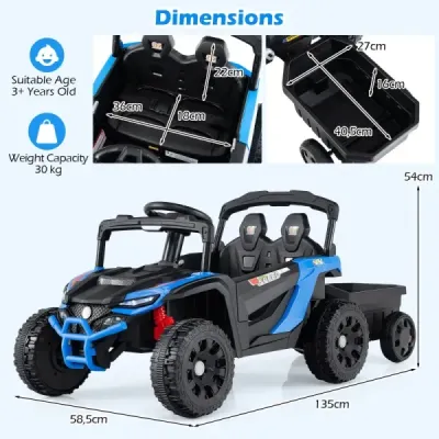Tractor pentru copii 12V cu Remorcă detașabilă și telecomanda pentru părinți Electric UTV Blue