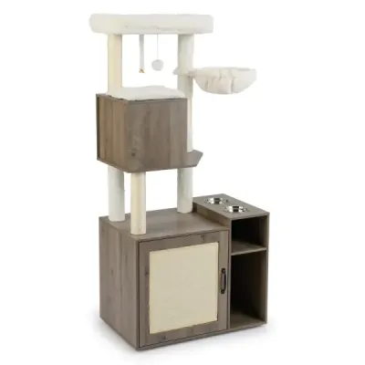 Cat Cabinet cu Scratch Cat Tower cu Sisal zgârieturi mat & agățat minge Cat Tree Grey