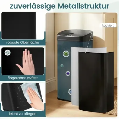 68 L Automat Coș de gunoi cu senzori și zone duble de gunoi inteligent negru