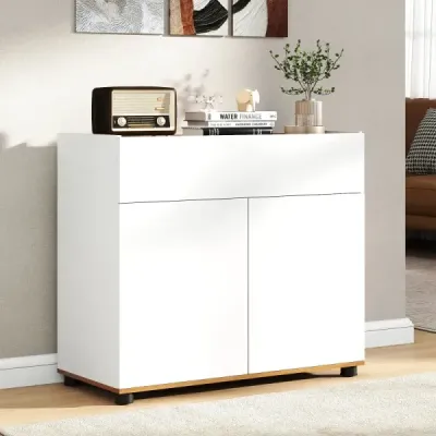Sideboard Bufet Bowl cu stație de cafea din lemn masă cu 1 sertar și 2 uși albe
