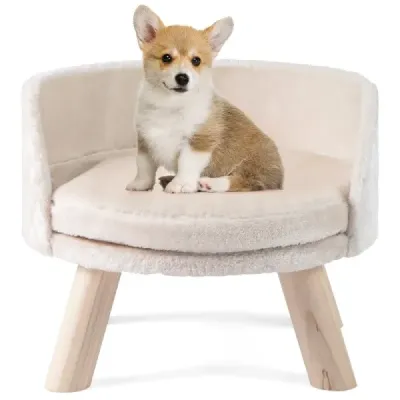 42 cm Dog canapea canapea pentru câini canapea cu rotund pernă căptușită 4 picioare din lemn de pin & backrest Bej