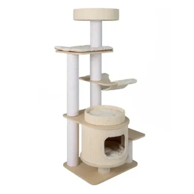 151 cm Arbore multi-store de zgarieturi de copac pisica modern cu vedere capitonat alb
