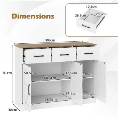 Sideboard cu 3 sertare & 3 usi & worktop & rafturi reglabile Cabinet de bucatarie Alb