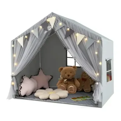 Cort de joc cu 2 perdele & starlights & Karierte Wimpel Playhouse mare Grey