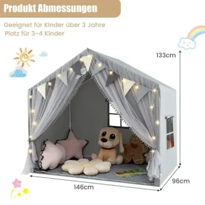 Cort de joc cu 2 perdele & starlights & Karierte Wimpel Playhouse mare Grey