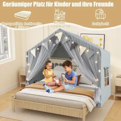 Cort de joc cu 2 perdele & starlights & Karierte Wimpel Playhouse mare Grey