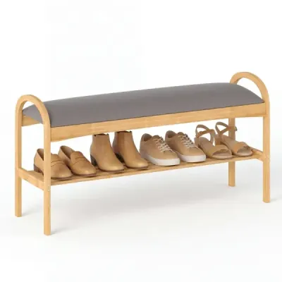 Banc de pantofi cu scaun scaun scaun cu 2 nivele Perna acoperita si cadru de bambus