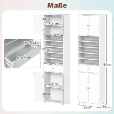180 cm dulap baie cu sertar & usi & rafturi reglabile Cabinet podea alb