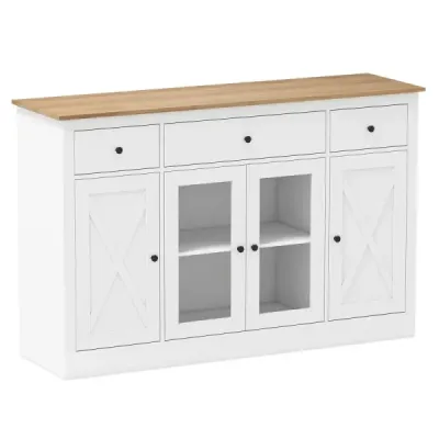 Sideboard cu 3 sertare și 2 uși de sticlă și rafturi reglabile Cabinet de bucătărie Alb