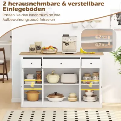 Sideboard cu 3 sertare și 2 uși de sticlă și rafturi reglabile Cabinet de bucătărie Alb